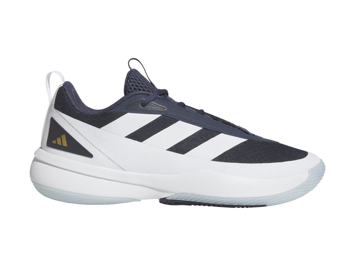 Tenis deportivos Adidas en color blanco y azul marino con suela blanca.