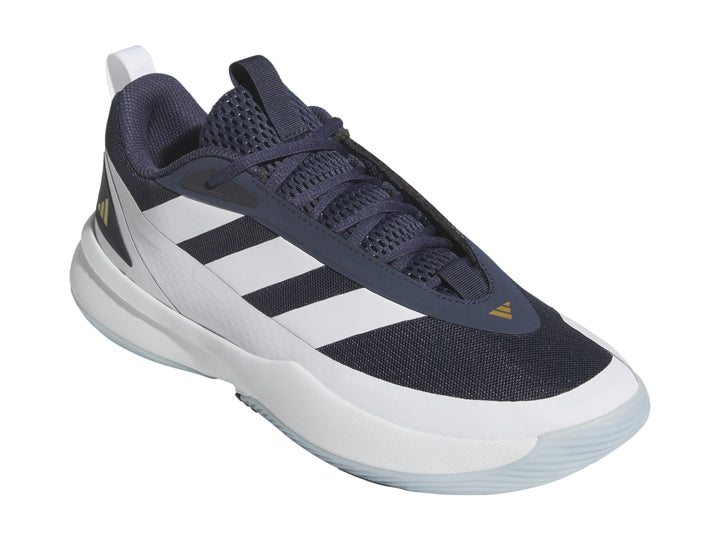Tenis deportivos Adidas en color blanco y azul marino con suela blanca.