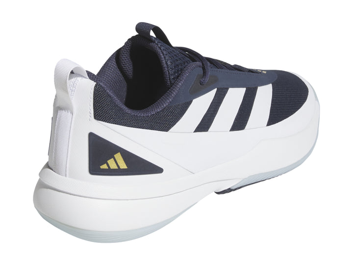 Tenis deportivos Adidas en color blanco y azul marino con suela blanca.