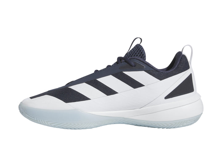 Tenis deportivos Adidas en color blanco y azul marino con suela blanca.