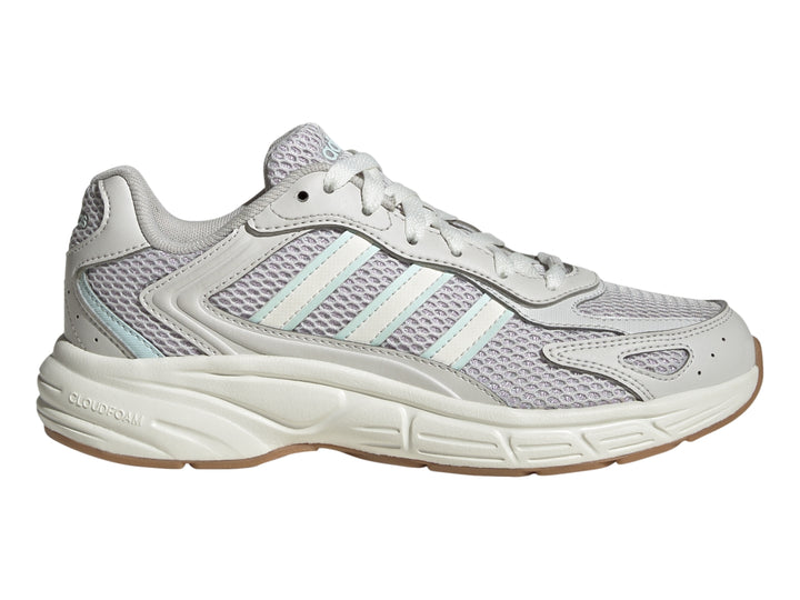 Tenis Adidas Eclyptix 2000 color gris lavanda y blanco con detalles en azul claro y suela gruesa.