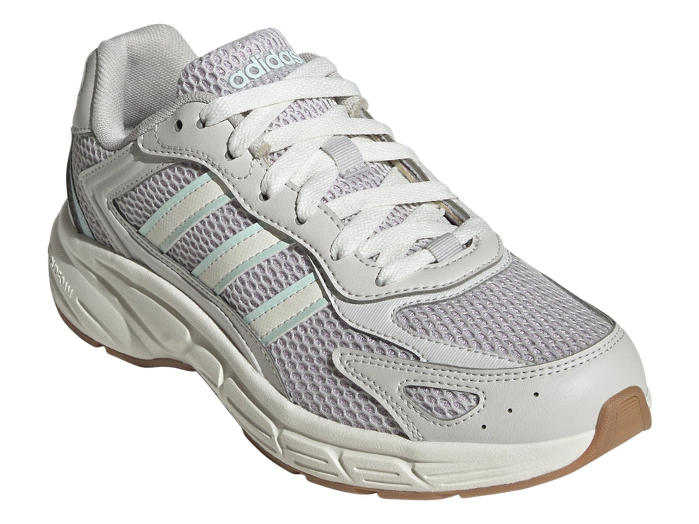 Tenis Adidas Eclyptix 2000 color gris lavanda y blanco con detalles en azul claro y suela gruesa.