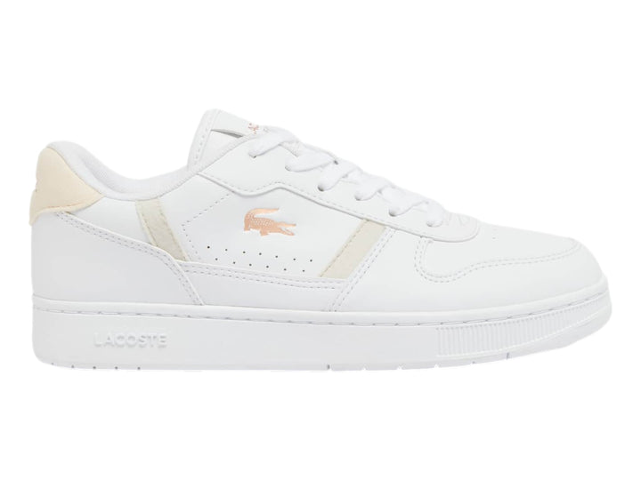 Tenis Lacoste blancos con detalles en rosa claro y suela blanca.
