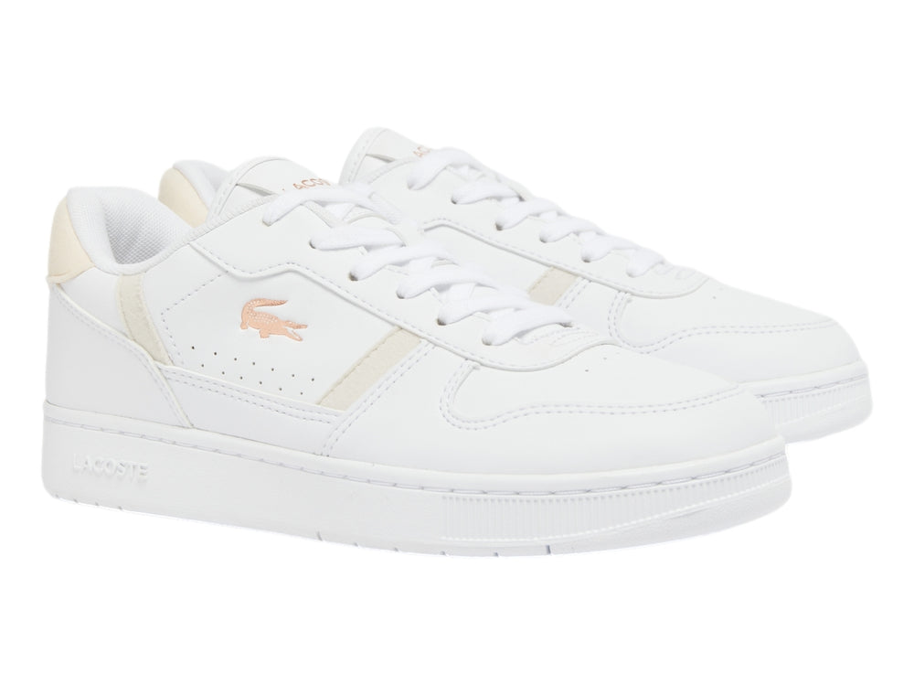 Tenis Lacoste blancos con detalles en rosa claro y suela blanca.