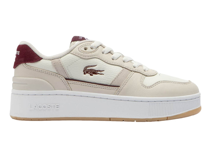 Tenis Lacoste blancos con detalles en color guinda y suela de plataforma color goma.