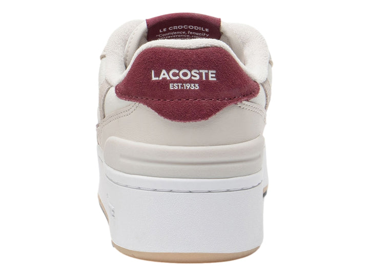 Tenis Lacoste blancos con detalles en color guinda y suela de plataforma color goma.