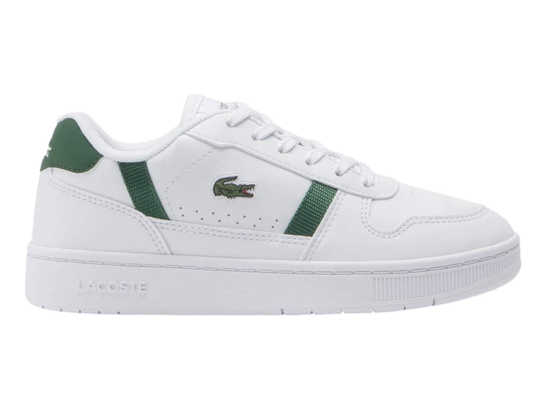 Tenis Lacoste blancos con detalles en verde oscuro y suela blanca.
