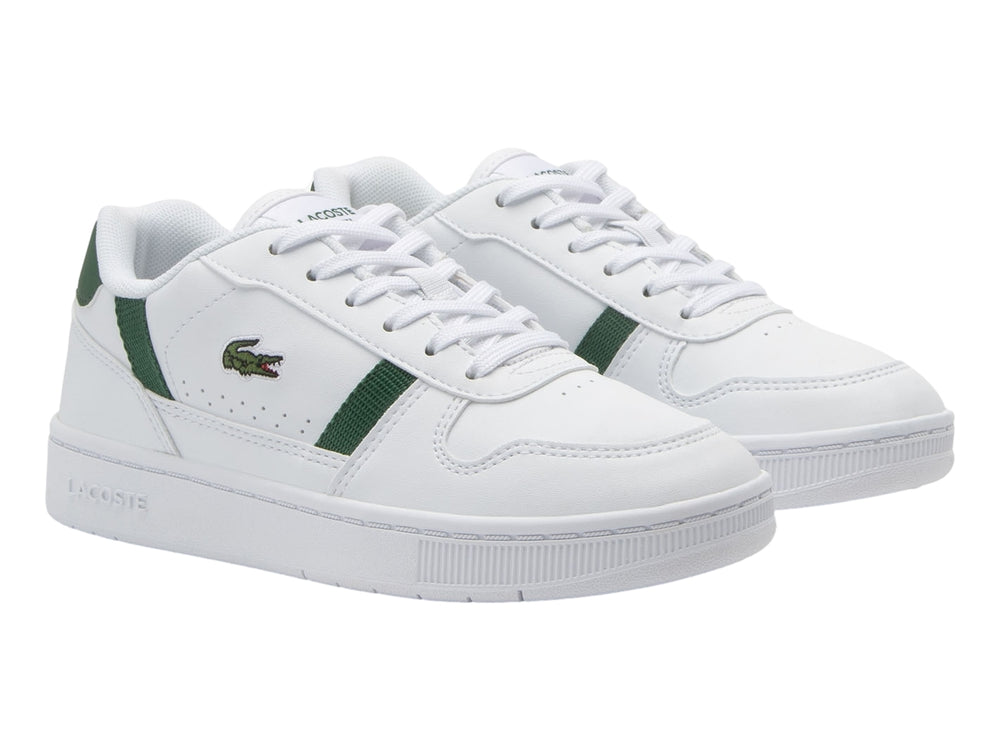 Tenis Lacoste blancos con detalles en verde oscuro y suela blanca.