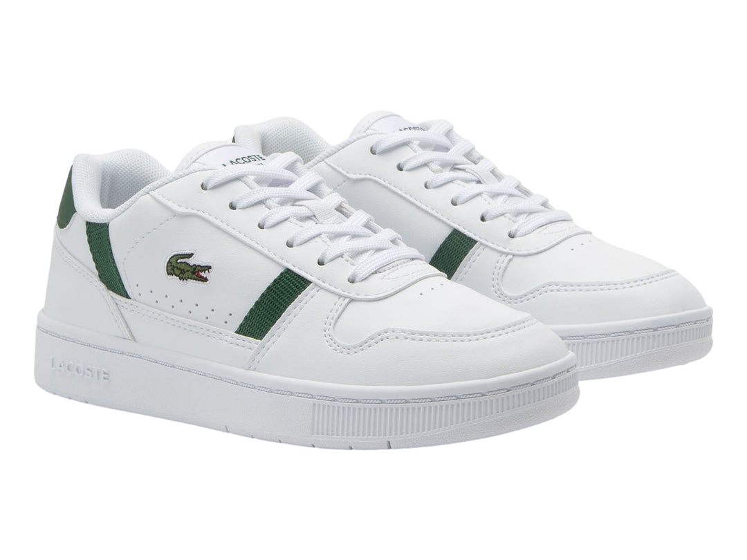 Tenis Lacoste blancos con detalles en verde oscuro y suela blanca.