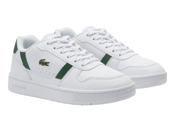 Tenis Lacoste blancos con detalles en verde oscuro y suela blanca.