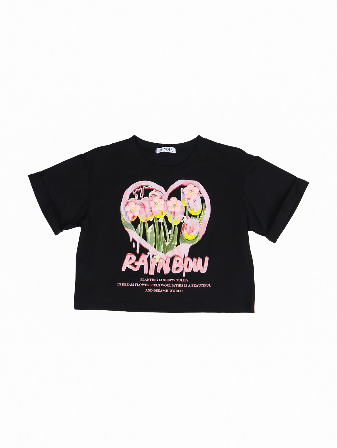Blusa negra para niña con estampado central de un corazón con tulipanes rosas y la palabra RAINBOW.
