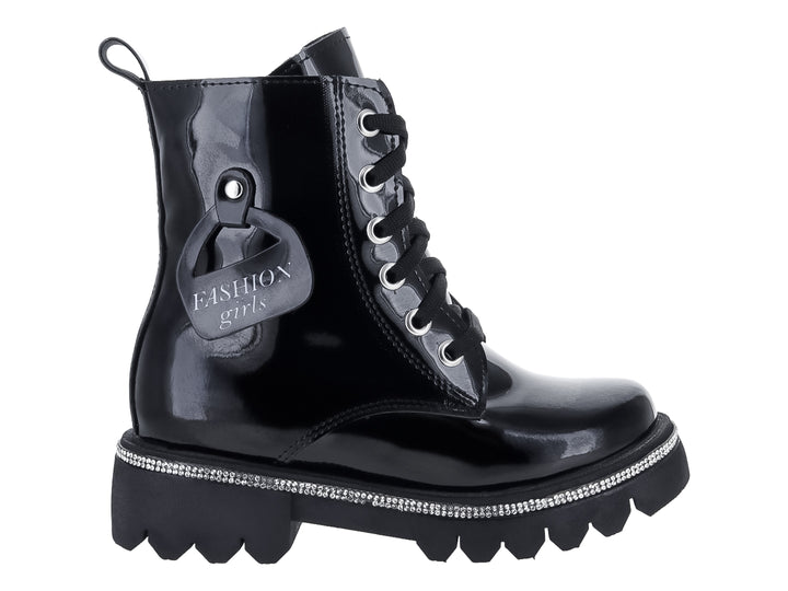Bota de charol negro para Niña con plataforma decorada con brillantes y suela track