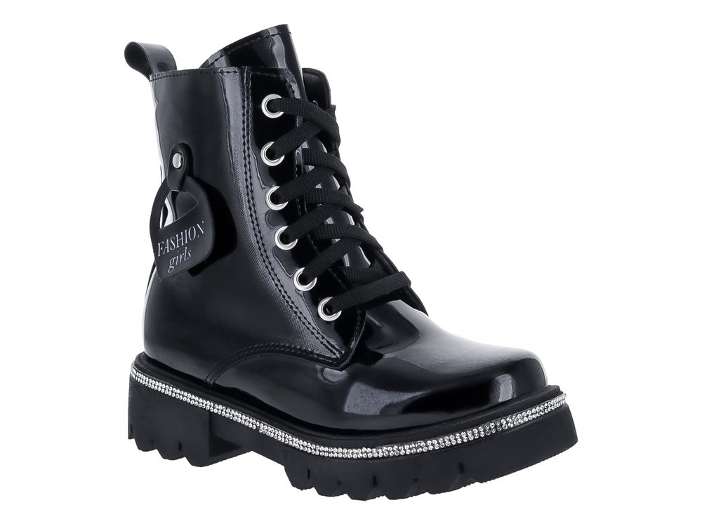 Bota de charol negro para Niña con plataforma decorada con brillantes y suela track