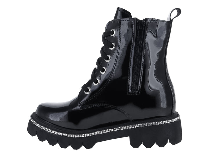 Bota de charol negro para Niña con plataforma decorada con brillantes y suela track