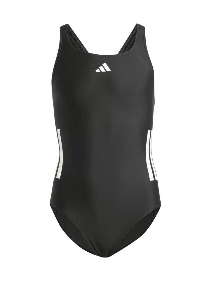 Traje de baño enterizo negro para Niño con rayas blancas laterales y logo de Adidas en el pecho.