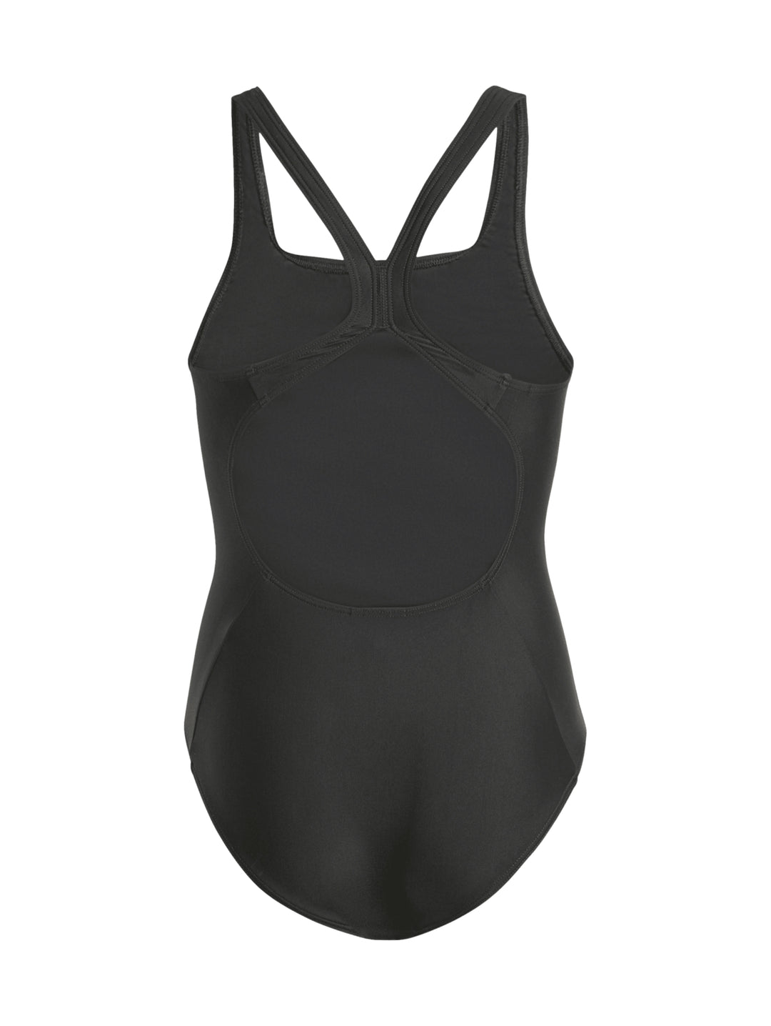 Traje de baño enterizo negro para Niño con rayas blancas laterales y logo de Adidas en el pecho.