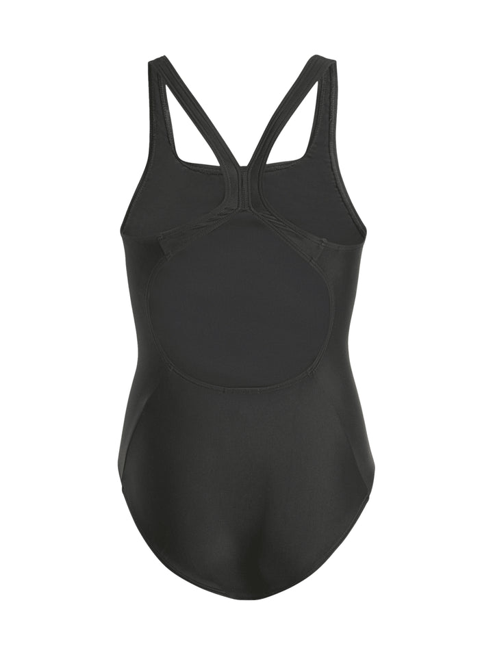 Traje de baño enterizo negro para Niño con rayas blancas laterales y logo de Adidas en el pecho.