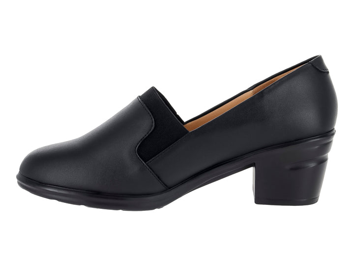 Zapato negro de cuero para mujer con tacón cuadrado bajo y diseño clásico cerrado.