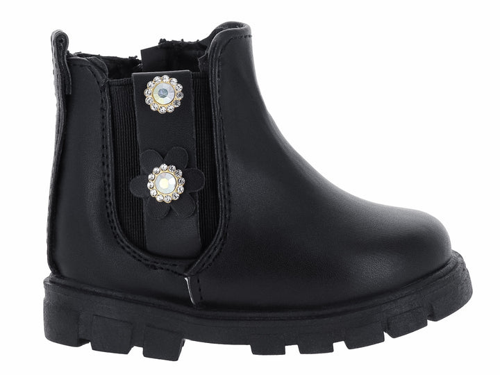 Bota negra para niña con detalles de flores brillantes y suela gruesa dentada.