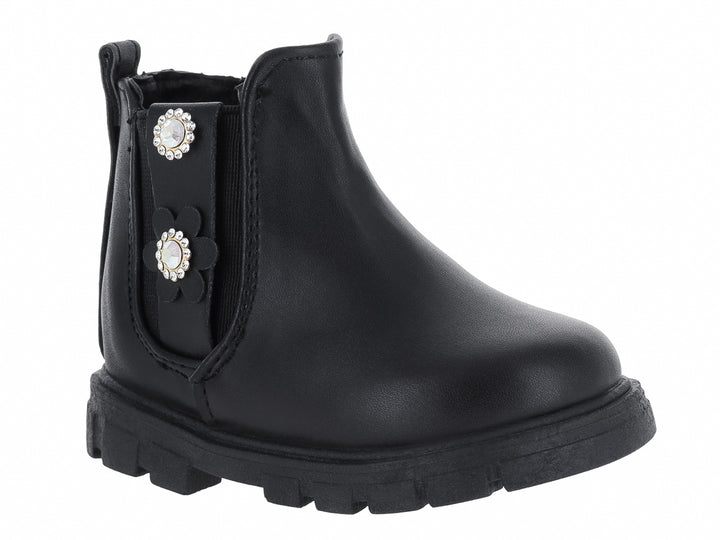 Bota negra para niña con detalles de flores brillantes y suela gruesa dentada.