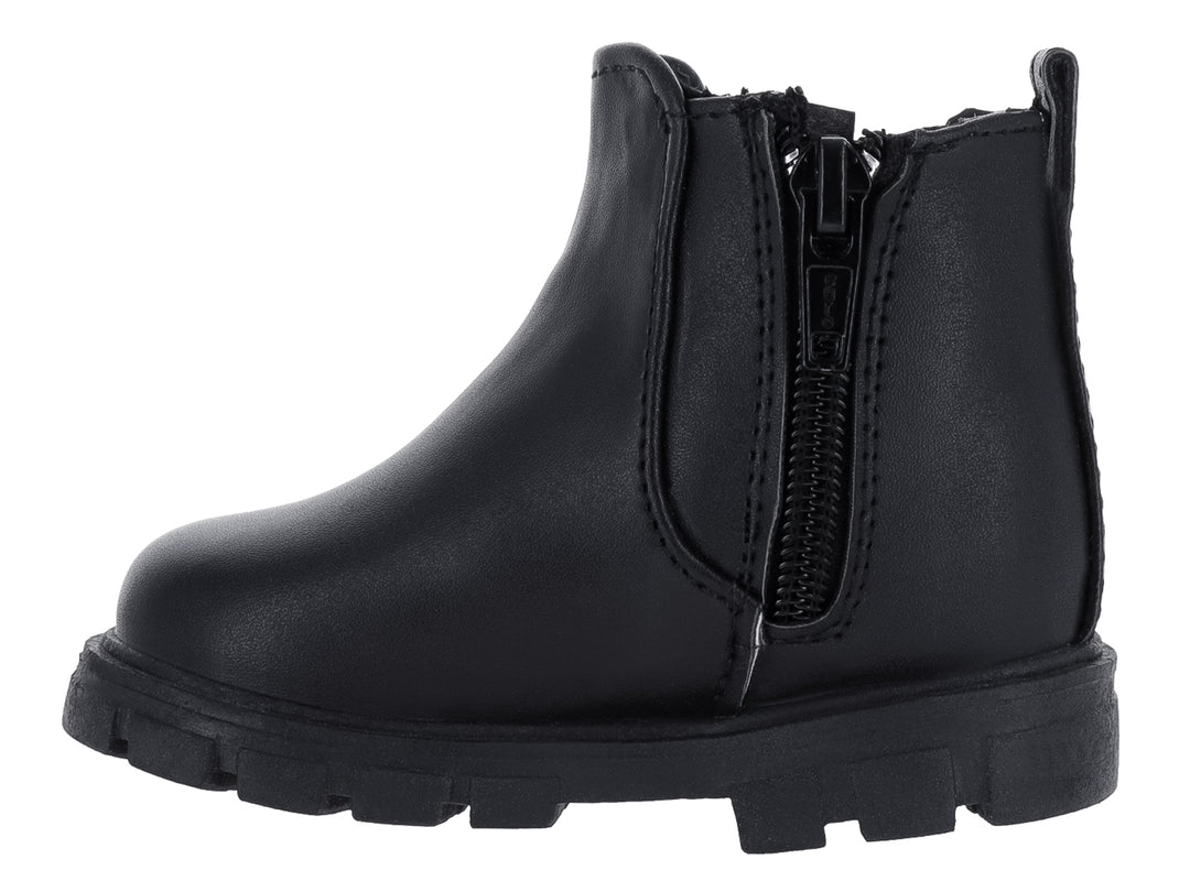 Bota negra para niña con detalles de flores brillantes y suela gruesa dentada.