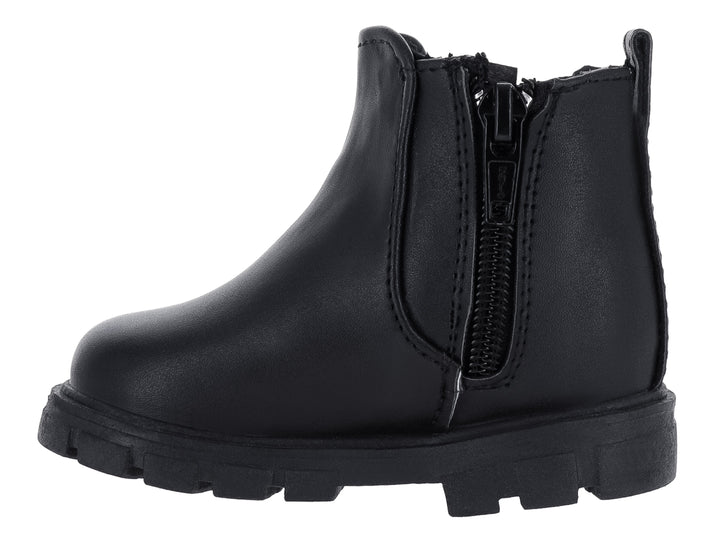 Bota negra para niña con detalles de flores brillantes y suela gruesa dentada.