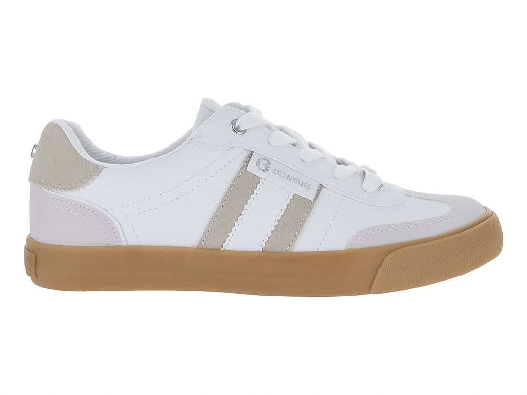 Tenis deportivos GBG en color blanco con detalles y suela en tono beige.