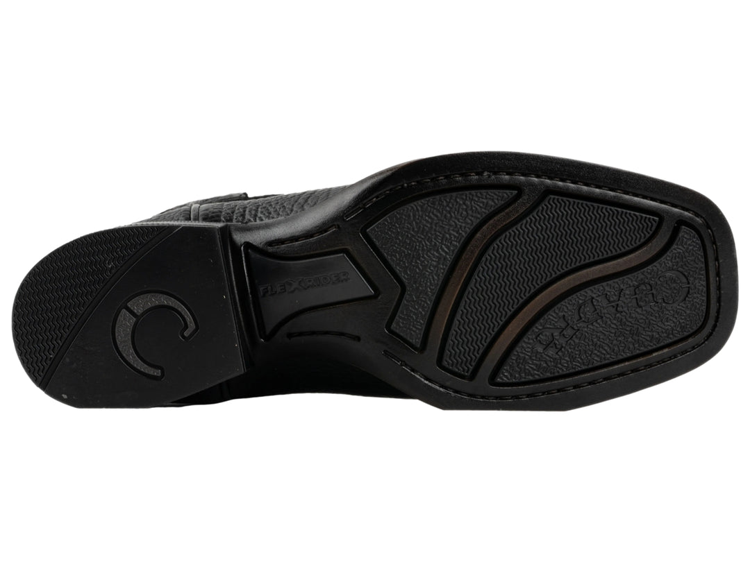 Bota vaquera de cuero en colores negro y marrón oscuro con textura rugosa.