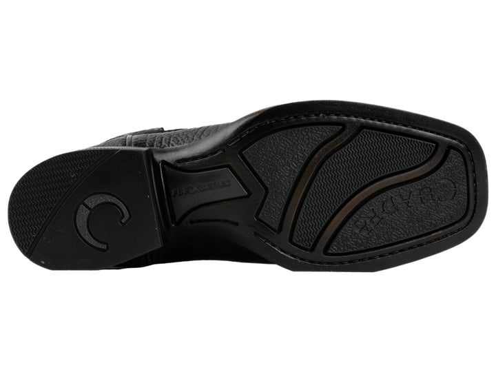 Bota vaquera de cuero en colores negro y marrón oscuro con textura rugosa.