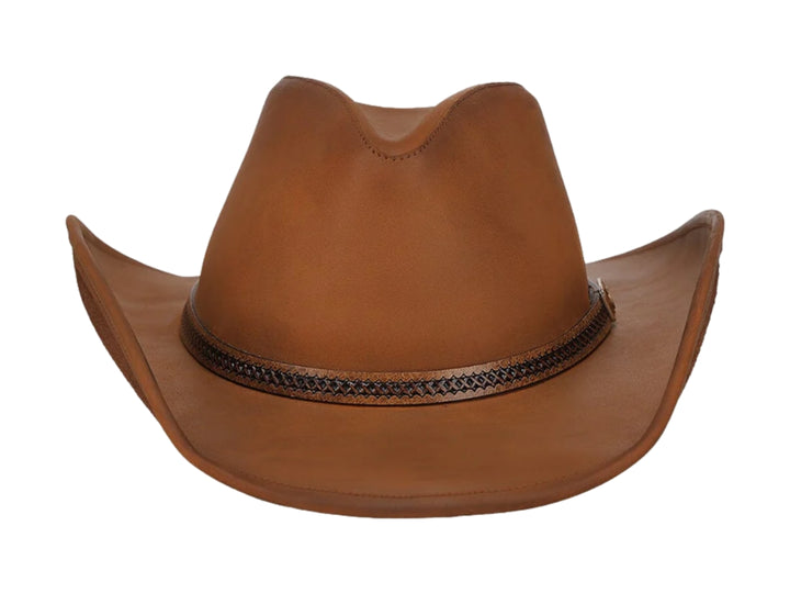 Sombrero vaquero de cuero color café con banda decorativa trenzada en color negro.