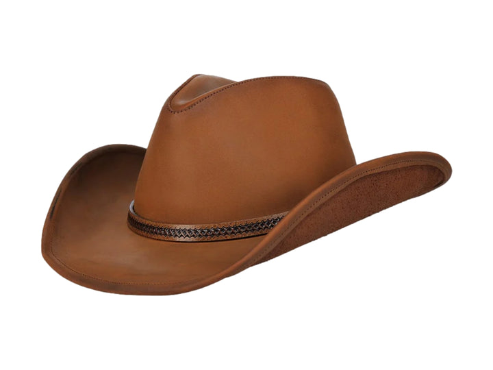 Sombrero vaquero de cuero color café con banda decorativa trenzada en color negro.