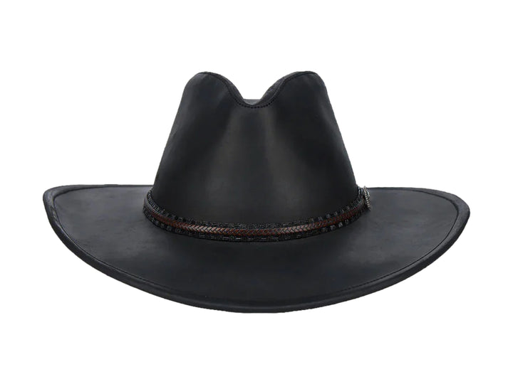 Sombrero vaquero de cuero color negro con banda trenzada decorativa.