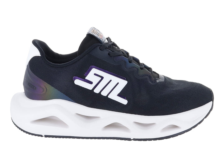 Tenis deportivos Steve Madden color negro con suela blanca gruesa y detalles holográficos.