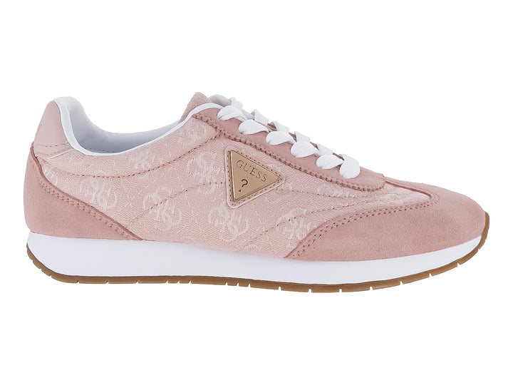 Tenis Guess color rosa claro con suela blanca y detalles en gamuza sintética.