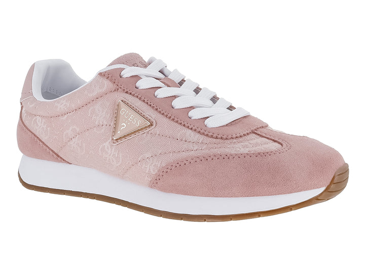 Tenis Guess color rosa claro con suela blanca y detalles en gamuza sintética.
