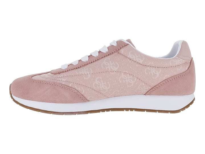 Tenis Guess color rosa claro con suela blanca y detalles en gamuza sintética.