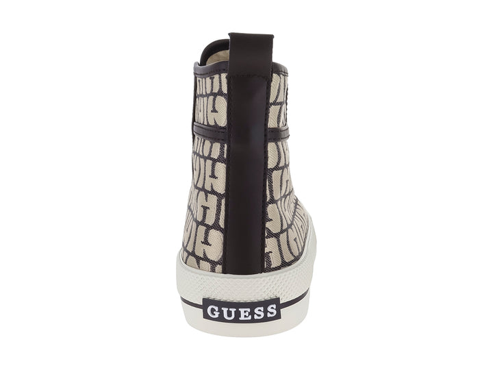 Tenis de bota Guess con estampado de logos en marrón y beige con suela blanca.