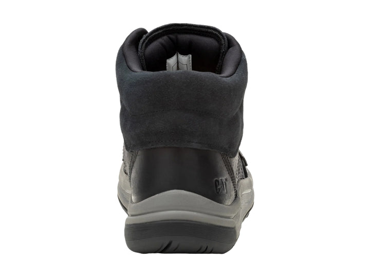 Bota Caterpillar negra con suela gris y detalle amarillo, diseño industrial y casual.