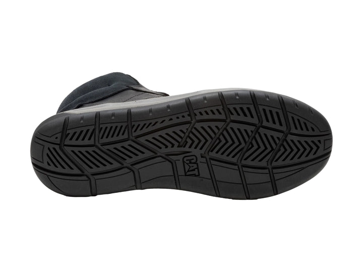 Bota Caterpillar negra con suela gris y detalle amarillo, diseño industrial y casual.