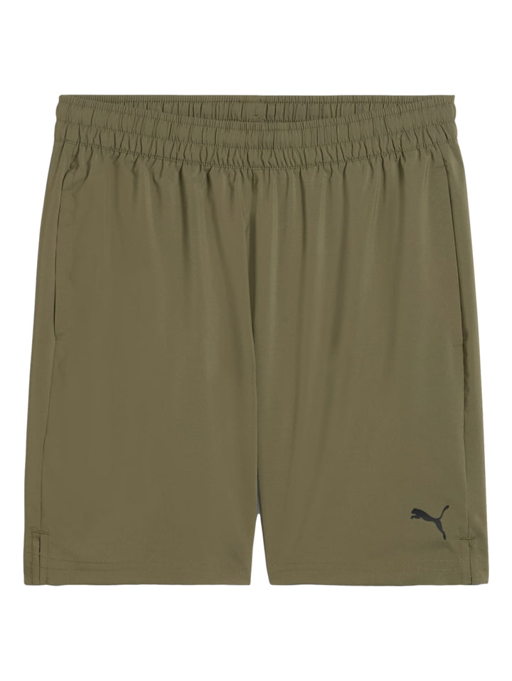 Shorts deportivos PUMA en color verde Loden Green con cintura elástica y logo en la pierna.