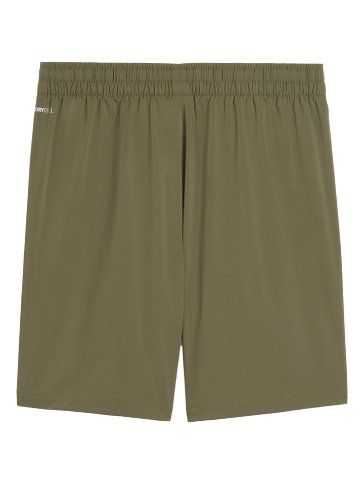 Shorts deportivos PUMA en color verde Loden Green con cintura elástica y logo en la pierna.