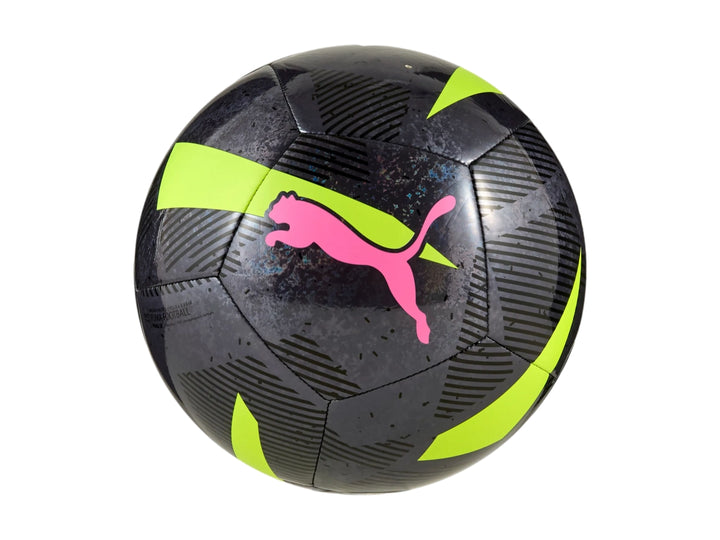 Balón de fútbol PUMA color plata mate con detalles en amarillo fluorescente y logo rosa.
