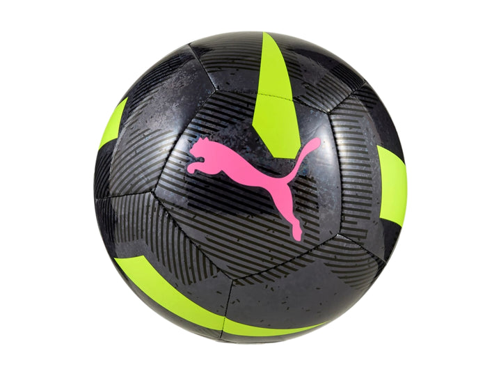 Balón de fútbol PUMA color plata mate con detalles en amarillo fluorescente y logo rosa.