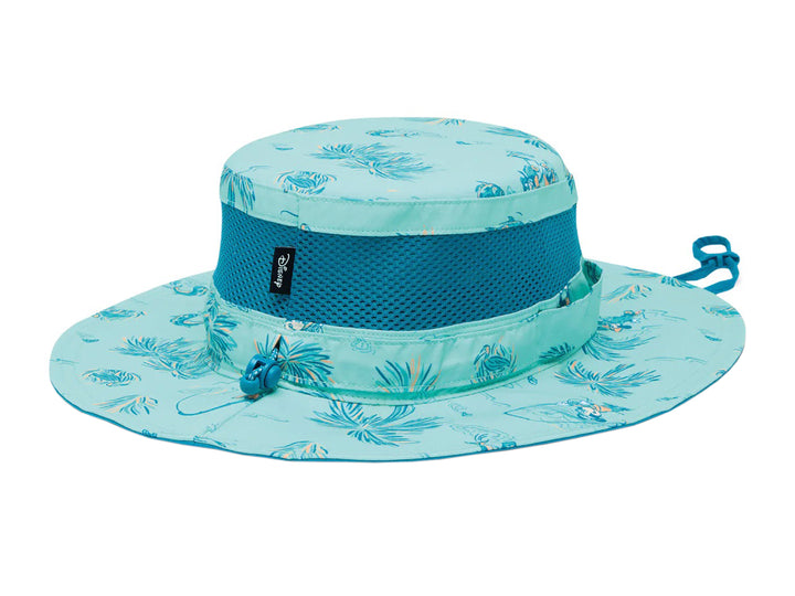 Sombrero Columbia Disney Booney color azul claro con estampado, banda de malla azul y cordón ajustable.