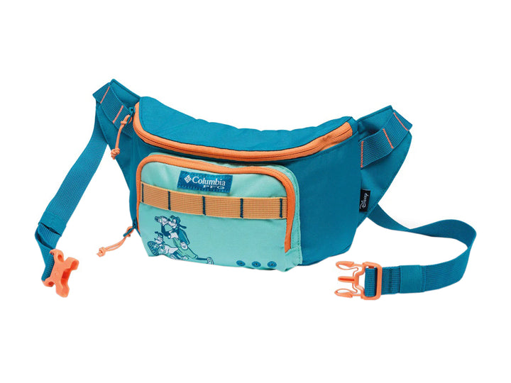 Riñonera Columbia azul echo con detalles en naranja y diseño de Disney, ideal para actividades al aire libre.