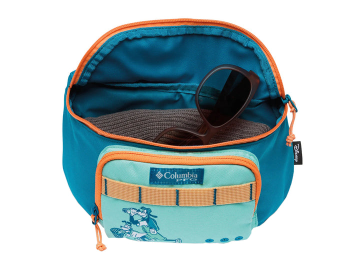 Riñonera Columbia azul echo con detalles en naranja y diseño de Disney, ideal para actividades al aire libre.