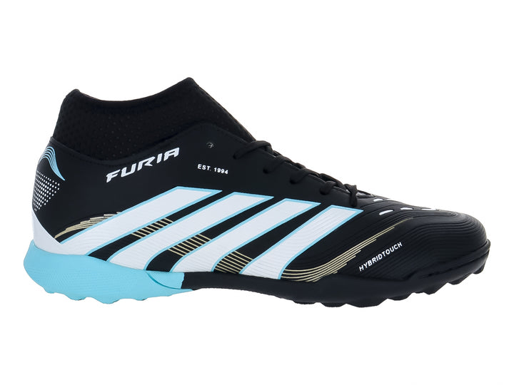 Calzado de fútbol FURIA color negro con detalles en blanco y menta, diseño sintético para superficies artificiales.
