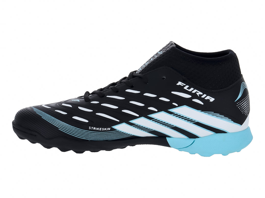 Calzado de fútbol FURIA color negro con detalles en blanco y menta, diseño sintético para superficies artificiales.