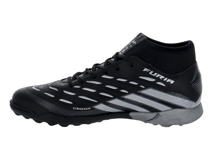 Zapato de fútbol Furia en color negro con franjas plateadas y cuello tipo calcetín.