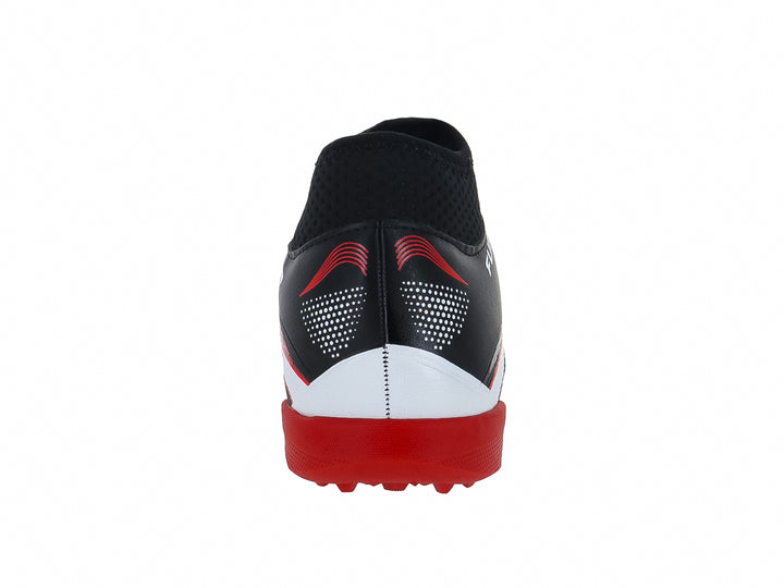 Zapato de fútbol Furia color negro con rayas blancas y suela roja para terreno sintético.